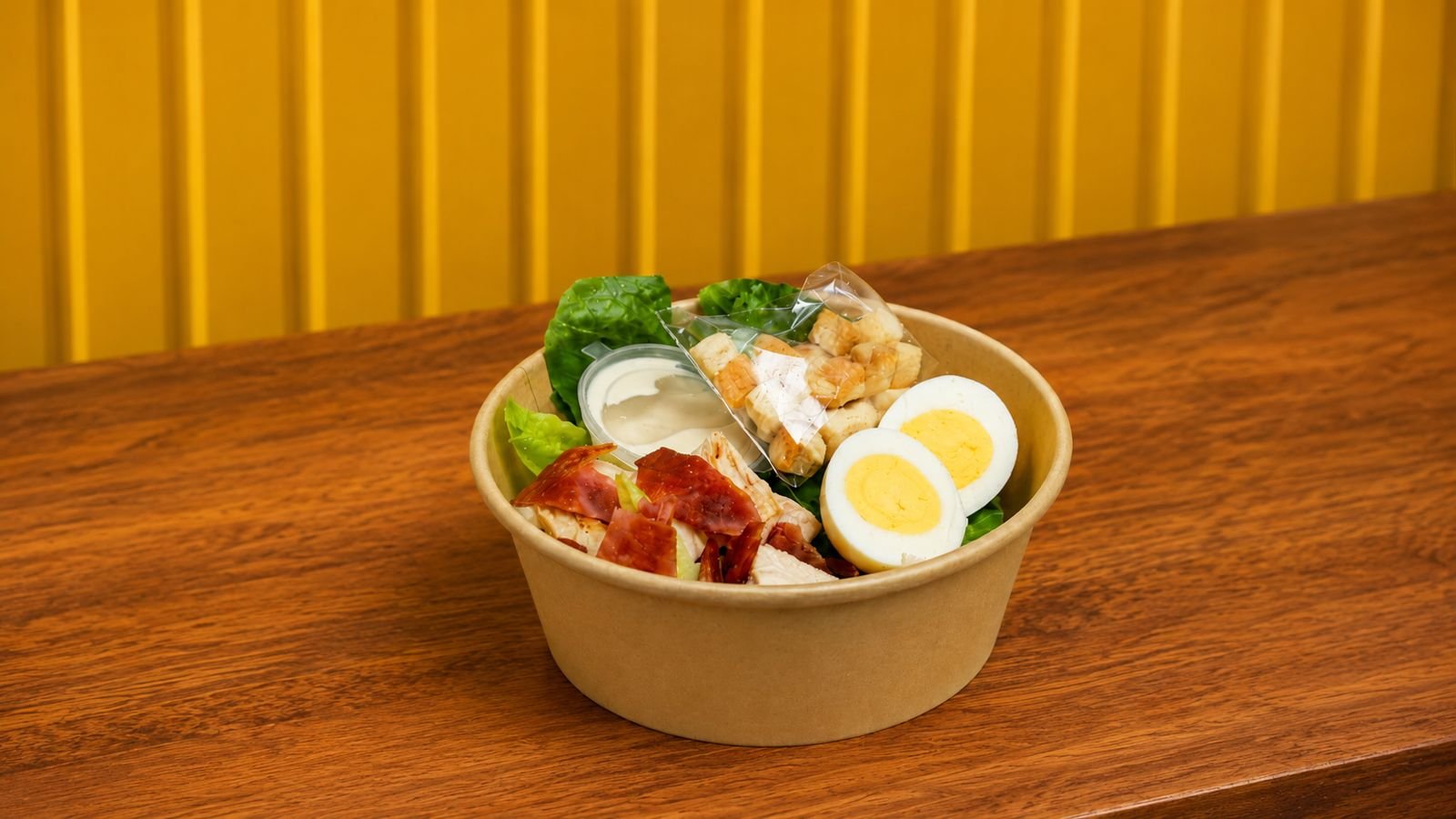 Le Feast chicken and egg salad Chicken and egg salad with lettuce, croutons and dressing in a kraft bowl at Le Feast